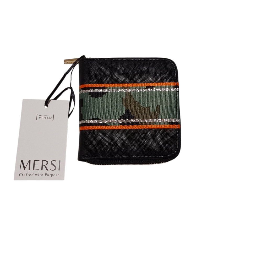 MERSI Black Vegan Leather Zip Wallet with Green Camouflage Accent